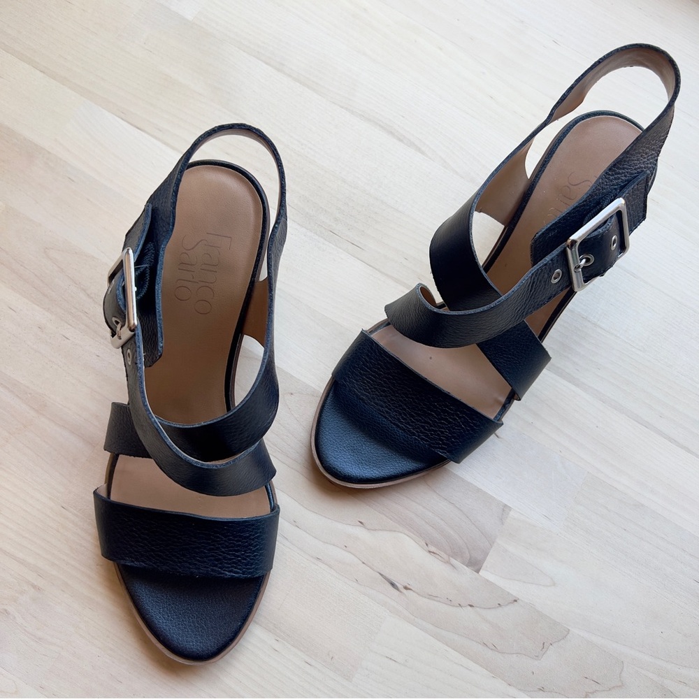 Franco Sarto HELGA Black Leather Silver Hardware Buckle Heel Sandals size 7 - Picture 11 of 11